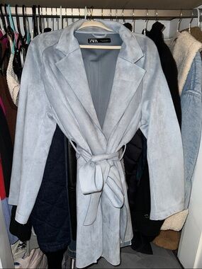 Zara Powder Blue Faux Suede Tie-Waist Trench Coat